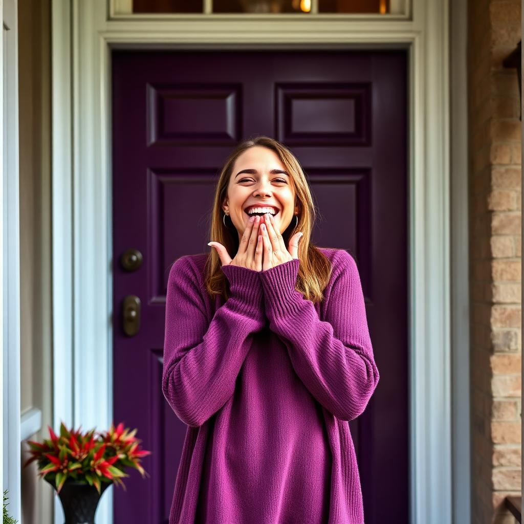 A winner opens her door in surprise